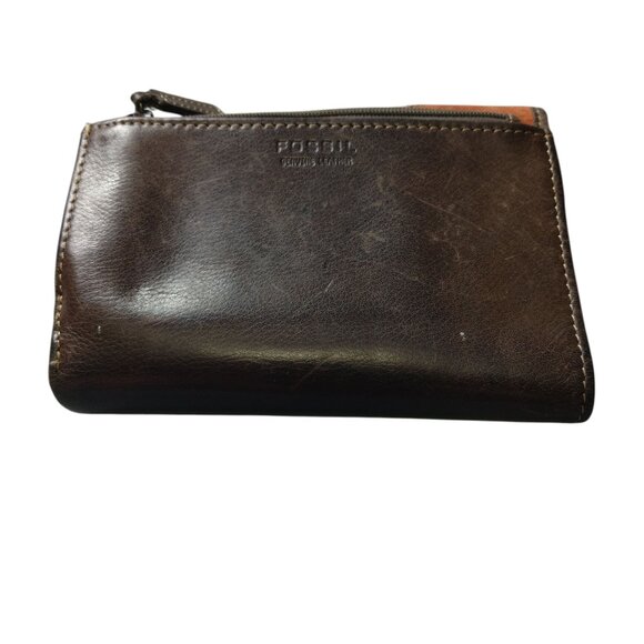 FOSSIL Brown Striped Chevron Embossed Tri-Fold Leather Wallet Snap Flap Vintage - Picture 6 of 6